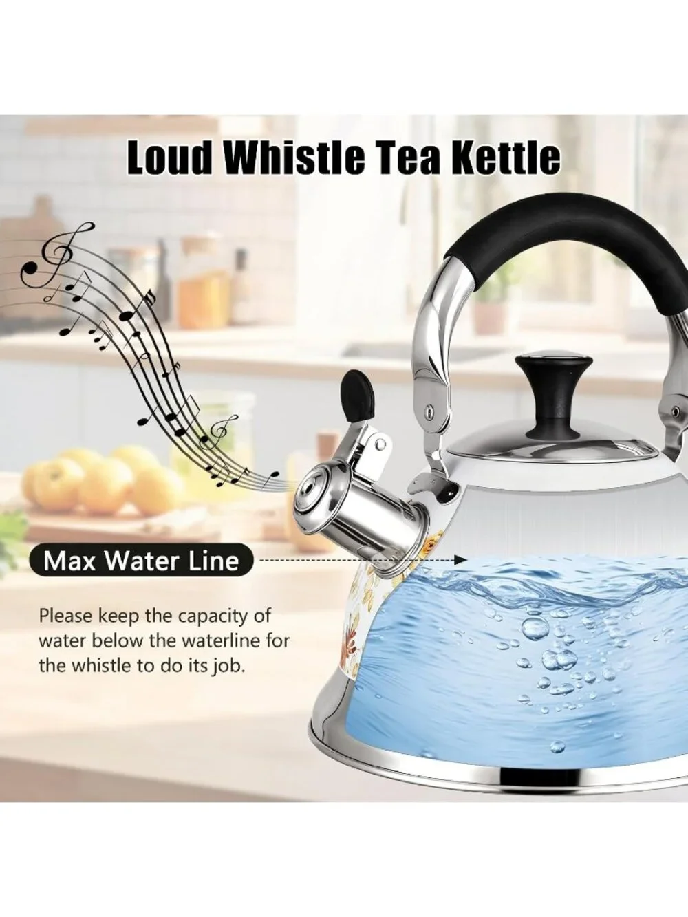 White Rose Flower 304 Stainless Steel Whistling Tea Kettle 3.1 Quart Stovetop